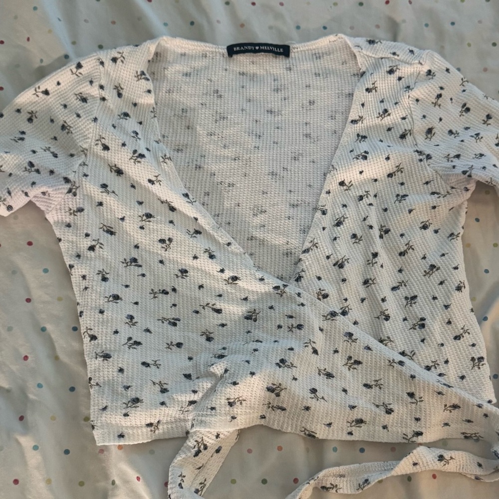 Brandy Melville White and Blue Floral Wrap Blouse